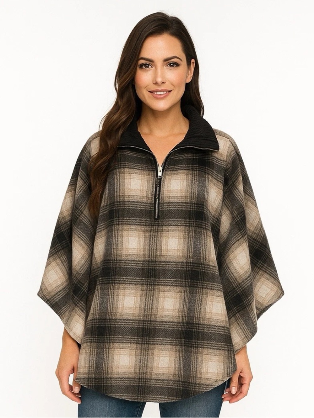 Blank NYC Plaid Quarter-Zip Poncho – One Size